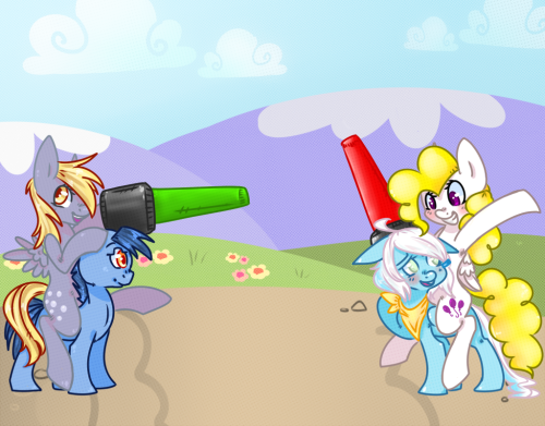 ask-echo-wonderbolt:  Art for oak23  He wanted Derpy, Surprise, Echo, and Glitchy doing something adorable. I drew them about to have a jousting tournament with sockem bopper lightsabers.  Echo is not sure this is a good idea.   X3 Eee so cute! >w<