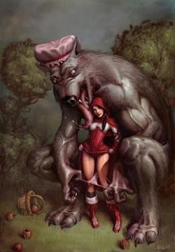 osodelicioso:  darkorama:  Dark fantasy art of red riding hood and the wolf.   Rees and Justin!
