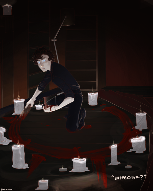poralizer: Sherlock is crouching on the ground, finishing up a large circle drawn in red, one that L