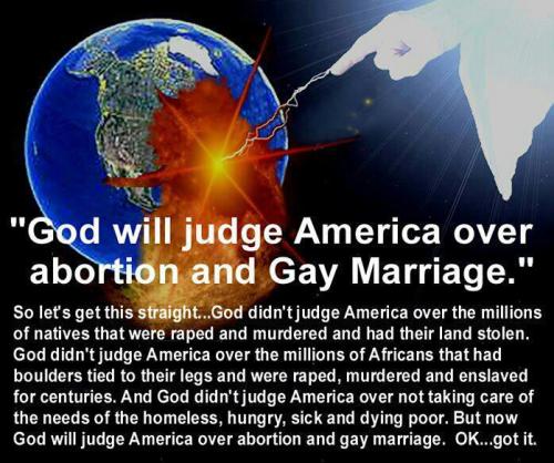proud-atheist:Because being gay and having abortions are the only things that matter.