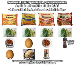 hazama-itsuru:  noinkplease:  chinad011:  pineapplebananacurry:  cookingformorons:  greencarnations:  How to make your ramen 9001x better, courtesy of Reddit  And you can buy roast beef and roast chicken on the internet. I am set for ramen for like a