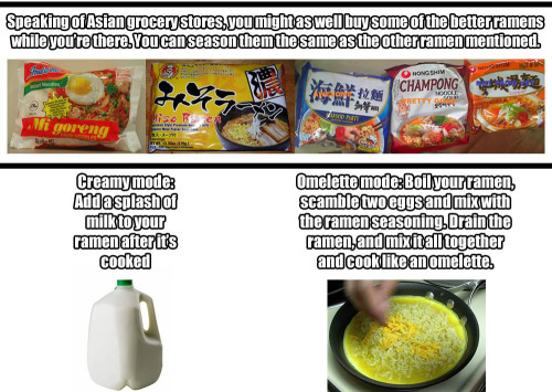 hazama-itsuru:  noinkplease:  chinad011:  pineapplebananacurry:  cookingformorons:  greencarnations:  How to make your ramen 9001x better, courtesy of Reddit  And you can buy roast beef and roast chicken on the internet. I am set for ramen for like a