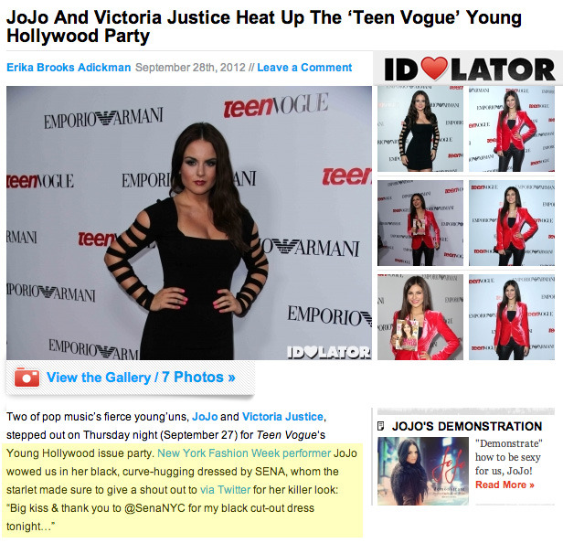 Thanks to the Idolator for crediting JoJo’s amazing SENA NYC Runaway Dress at Teen Vogue’s Young Hollywood Party on the red carpet last week. And many thanks to JoJo for the shout out on twitter!! :) XOXO
Also, be sure to check out JoJo in the...