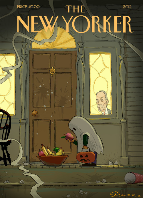 Halloween Contest: The Winner!
By Chris Greco
As New Yorkers we immediately recognized our Ghoulish mayor as the curmudgeon at the window. I might have suggested to the artist that he make it Michelle Obama for a joke with more national scope. It’s a...