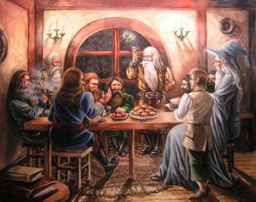 luthien-ar-feiniel: Dwarves at Bilbo’s house by ~edarlein