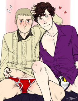 for inflictionsfromabored, another winner of Jawn’s Red Pants giveaway~ the request was &ldquo;Is it okay to have John and Sherlock in their red &amp; bee pants, and wearing their woolly jumper and purple shirt? And maybe John ruffling Sherlock’s