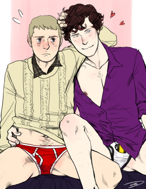 for inflictionsfromabored, another winner of Jawn’s Red Pants giveaway~ the request was “Is it okay to have John and Sherlock in their red & bee pants, and wearing their woolly jumper and purple shirt? And maybe John ruffling Sherlock’s