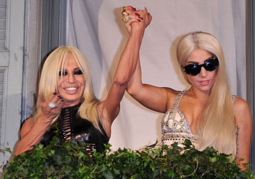  Gaga and Donatella Versace hanging out on Donatella Versace’s balcony in Milan, Italy. 