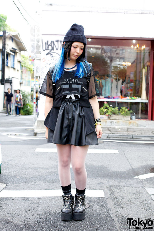 Faux leather skirt, blue hair &amp; studded WC platforms in Harajuku.