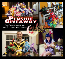 midnightcosplay:  THANK YOU FOR 1000+ FOLLOWERS ON TUMBLR! There are so many of you now!!!!!! You are all amazing and primary reason to keep me going! So I wanted to thank you by having a free giveaway!!! Da prize! Is a small plushie size of choice!!!!