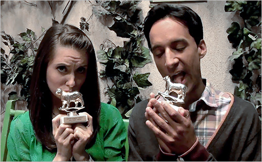 Community’s Joel McHale, Gillian Jacobs, Alison Brie, and Danny Pudi were very excited to receive their golden EWwy statuettes. Maybe too excited. Let’s go to the videotape.