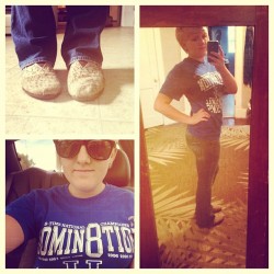 Final Four shirt, flared jeans, and old TOMS.