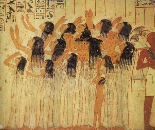 ancientart:Mourners in an Ancient Egyptian fresco in the Tomb of Ramose, 18th Dynasty.Photo taken by