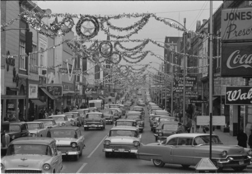 Christmas decorations on the main street, 1950s.