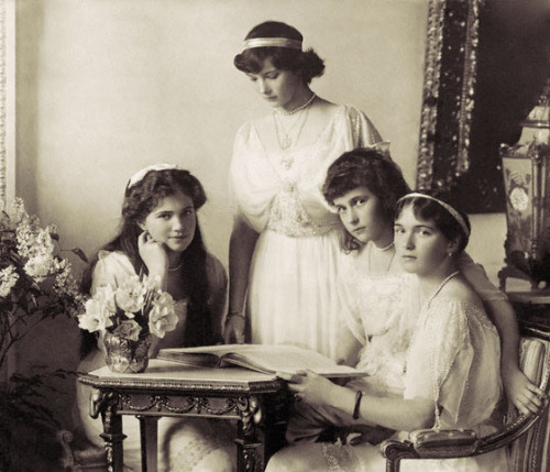 imperial-russia:Grand Duchesses Olga, Tatiana, Maria and Anastasia, daughters of the last Tsar, posi