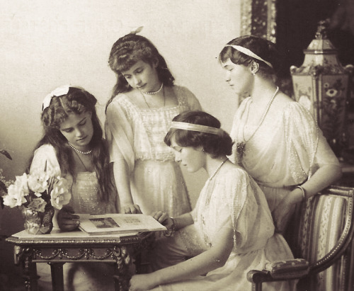 imperial-russia:Grand Duchesses Olga, Tatiana, Maria and Anastasia, daughters of the last Tsar, posi