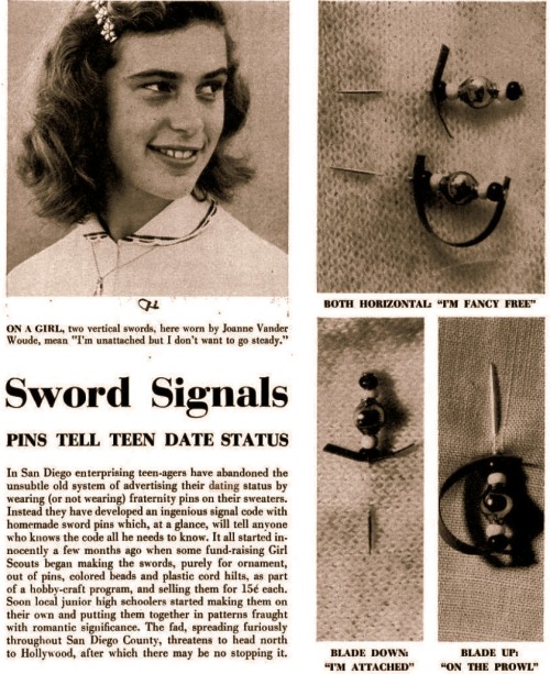 Teen Dating Fads, 1957Sword Signals   Teens have developed an ingenious signal code with homemade sw