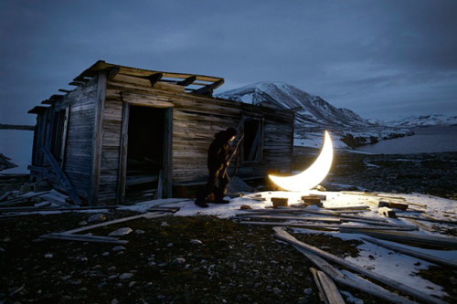 artchipel:  Leonid Tishkov (Russia) - Private Moon (2000-2005) collaboration with photographer Boris Bendikov “Private Moon” is a visual poem telling the story of a man who met the Moon and stayed with her for the rest of his life. Crossing the borderline