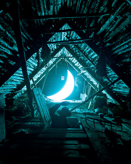 artchipel:  Leonid Tishkov (Russia) - Private Moon (2000-2005) collaboration with photographer Boris Bendikov “Private Moon” is a visual poem telling the story of a man who met the Moon and stayed with her for the rest of his life. Crossing the borderline