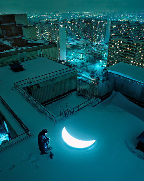 artchipel:  Leonid Tishkov (Russia) - Private Moon (2000-2005) collaboration with photographer Boris Bendikov “Private Moon” is a visual poem telling the story of a man who met the Moon and stayed with her for the rest of his life. Crossing the borderline