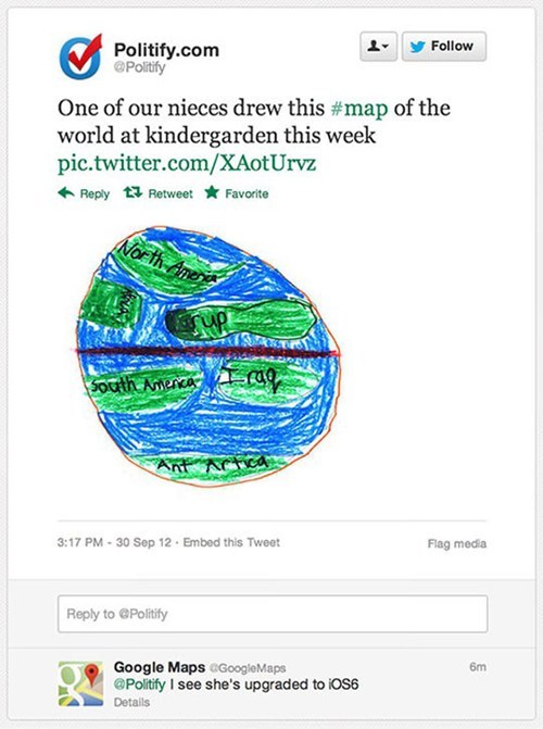 thedailywhat:  Oooh, Burn of the Day: Sadly, this isn’t Google Maps’ real Twitter account — the L is actually a capital I. [geeksaresexy]