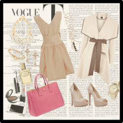 sillydailydiary:  wednesday by ais1 featuring mac cosmeticsPrada silk cocktail dress, 遠 / Prada platform high heels, 躭 / Prada tote handbag / Vivienne Westwood white watch, 趤 / C. Wonder white pearl necklace / Marc by Marc Jacobs marc jacobs