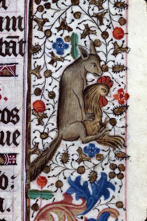 fox loves cockHours, France 15th century.Clermont-Ferrand, BM, ms. 84, fol. 58r