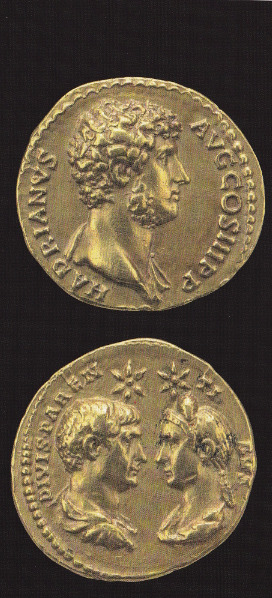 Aureus of Hadrian and on the reverse side, his deified adoptive parents, Trajan and Plotina - the co