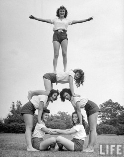 Bygoneamericana:  Group Of Teenage Girls From Hoover High School Doing A Pyramid