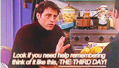 ptrparker:  One Scene per Episode » TOW Ross Dates a Student (S06E18)  Look if you need help remembering think of it like this, the third day. All right? Monday, one day. Tuesday, two day. Wednesday, when? Huh? What day? Thursday! The third day! Okay?!