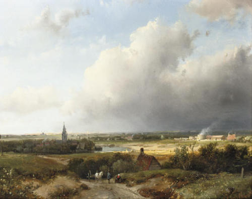 A panoramic Dutch river landscape,Andreas Schelfhout. Dutch (1787 - 1870)