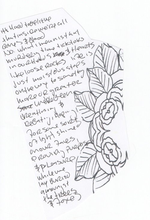 gravesforsleeping:  It’s hard to believe that inside we’re all bones and blood.    No.    What I mean is that murdering time tick-tocks in our heads and hearts like loose rocks.  Life is just moist bus stops on the way to something more or greater. 