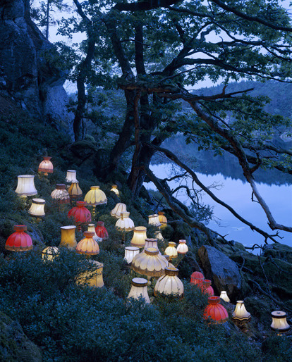 o-dyssea:  the-iridescence:  Norwegian conceptual artist Rune Guneriussen explores a fascinating balance of human culture and nature with his outdoor installations of electric lamps, stacked books, chairs, and phones that appear to have gathered in