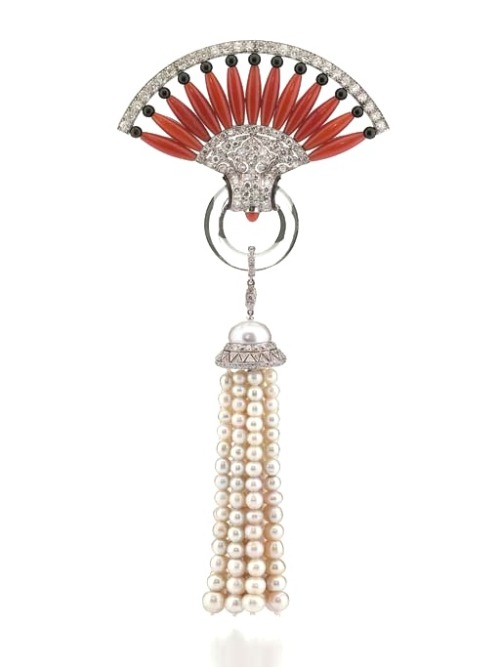 Charlton Art Deco coral, onyx, diamond and pearl pendant brooch.