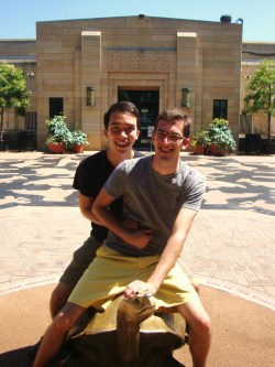 fuckyeahgaycouples:  Even though we live in a pretty progressive and gay-friendly city, we generally assume that mothers with children will not interact with us. While he was taking my picture on the bronze tortoise, a mother with three kids asked us