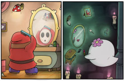 nintendonut1:  prismaya:  hildergan:  shy guy x boo  This is one of the cutest things I’ve ever seen omg  OH NO BABIES  EEEEEEEE