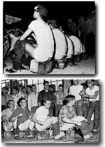 Early 60s frat hazing. Forced to sit bare ass on blocks of ice, freezing their cheeks and shrinking 