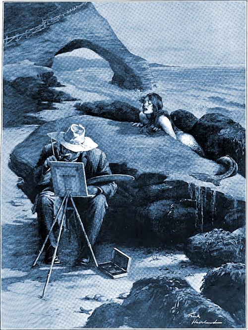 danskjavlarna: How is a paint-worthy subject like an airpane exit hatch?  Sometimes the nearest one is behind you.  In this illustration by Frank Haviland for The Bystander (1906), the artist is blissfully unaware that he has a half-human sea creature