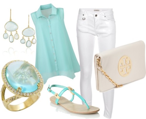 Teal by meredithlouanne featuring aqua jewelry Sleeveless blouse / Burberryjeans / Faith flats san