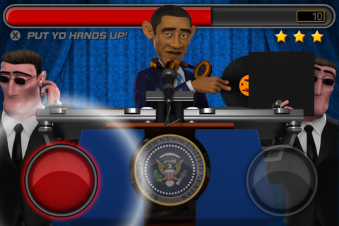 My friend created this new iPhone App, HAIL TO THE DJ, which is part wack-a-mole, part moral support for the president. Check it out! Description: Obama enters the press conference and the podium turns into two turntables for Obama to start spinning,