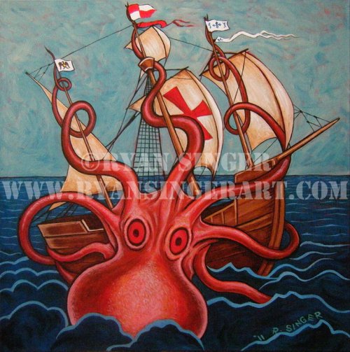 &ldquo;The Day the Kracken takes down Columbus&rdquo; by Ryan Singer (Navajo) Acrylic on canvas 2011