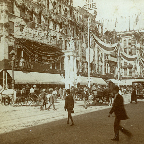 The Hub Department Store at 240 State St (here looking south toward Jackson) decorated for Chicago Day, 1899.
