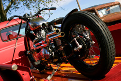 bloodsweatandmotoroil:  Triumph Speed Twin bobber? Anyway, slick bike in a slick truck.
