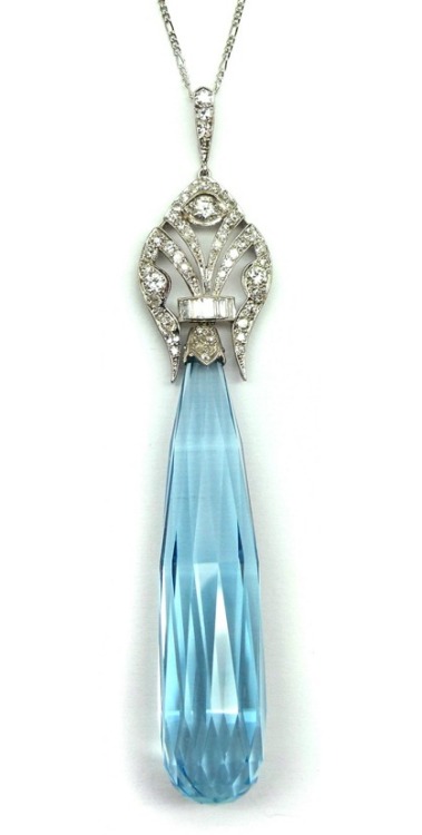 Early French Art Deco briolette cut aquamarine and diamond pendant, c.1920. S.J. Phillips Ltd.