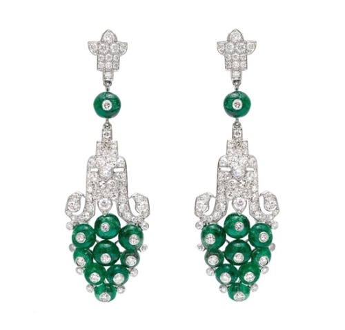 Cartier Art Deco carved emerald jabot and earrings.
