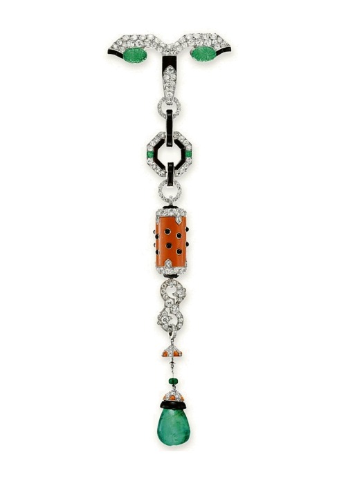 Art Deco diamond, onyx, coral and emerald “Pendeloque” pendant brooch by Cartier, 1922.