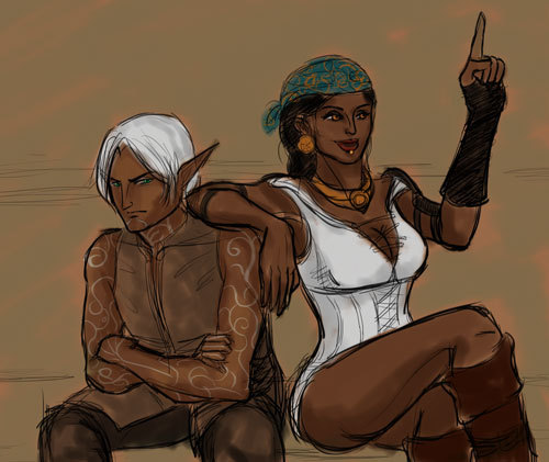foxghost: Fenris and Isabela at the Rose. “One lap dance for my friend over here please!&rdquo