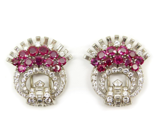 Pair of Art Deco ruby and diamond cluster clip brooches by Cartier, London c.1930.
