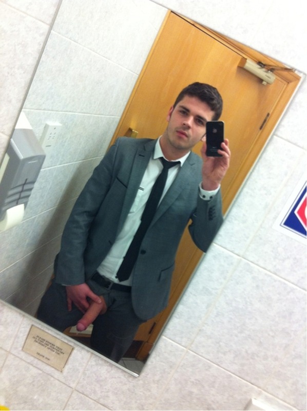 hot-naked-male-self-pics:  Stud in a suit &amp; tie, with his uncut cock poking