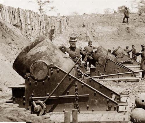 Union 13 inch mortars at the Siege of Yorktown, Virginia.  1862, American Civil War.